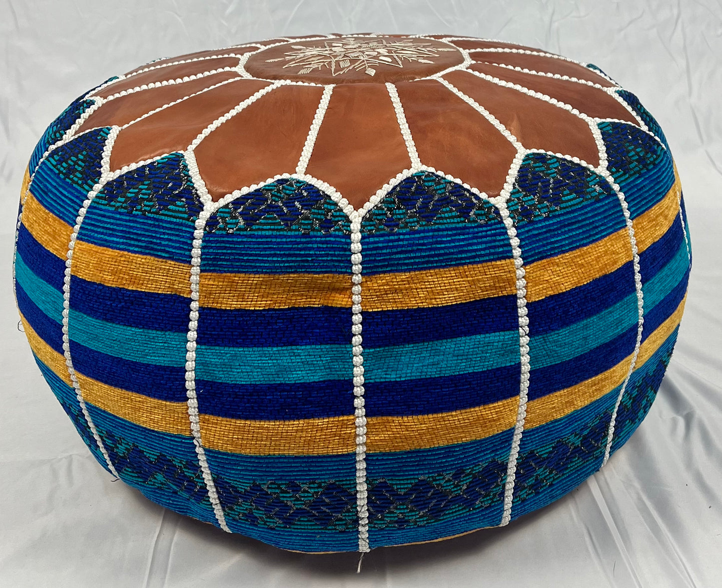 Blue Leather & Kilim Pouf
