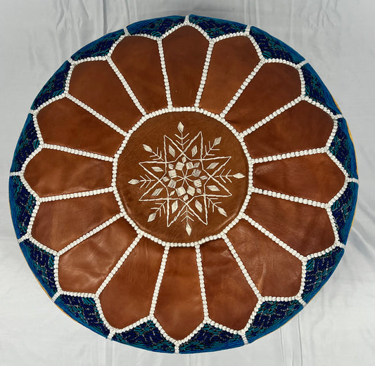 Blue Leather & Kilim Pouf